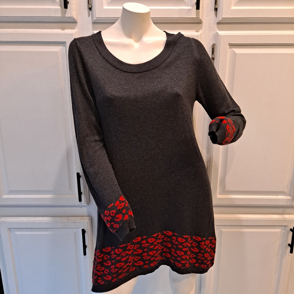 Alison Sheri Elegant Long Sleeve Angora Blend Dress in Charcoal and Scarlet